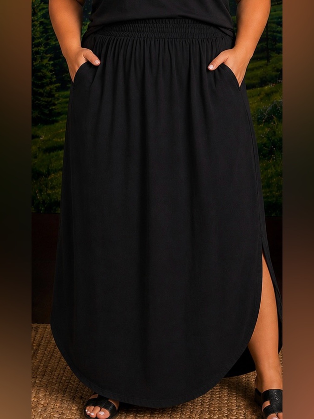 Zenana Black Smocked Waist Midi Skirt with Pockets